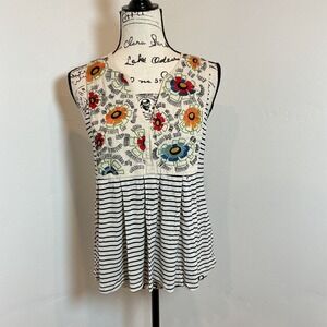TINY embroidered floral stripe sleeveless boho tunic top‎ women's